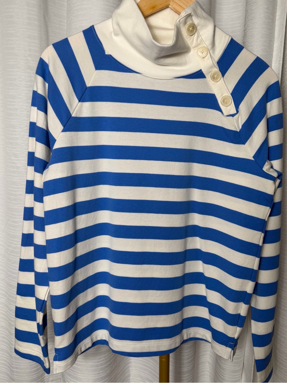 J. Crew Blue & White Striped Button-Shoulder Turtleneck